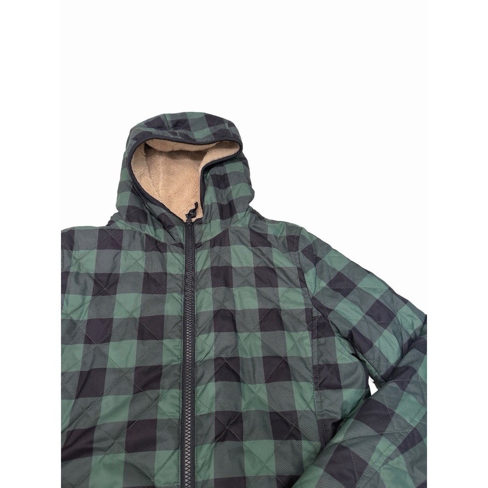 Uniqlo green black buffalo plaid quilted hooded jacket sherpa fleece lining XS